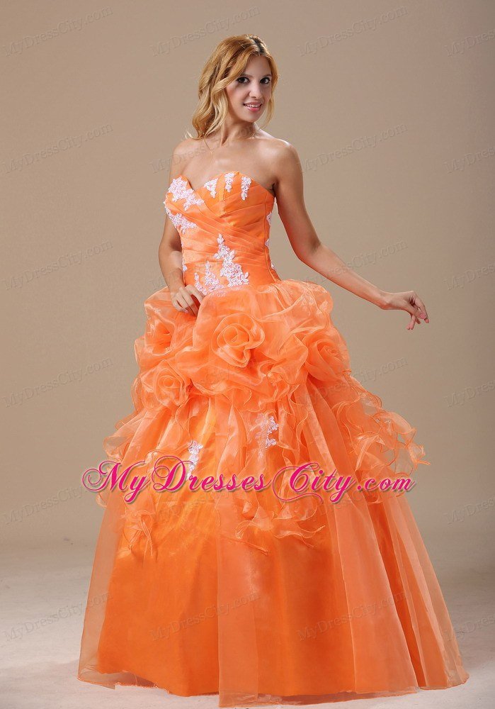 Organza Flowers Appliques Sweetheart Orang Quinceanera Party Dresses