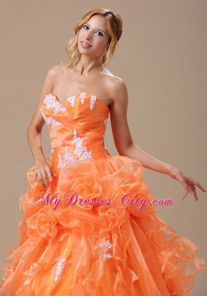 Organza Flowers Appliques Sweetheart Orang Quinceanera Party Dresses