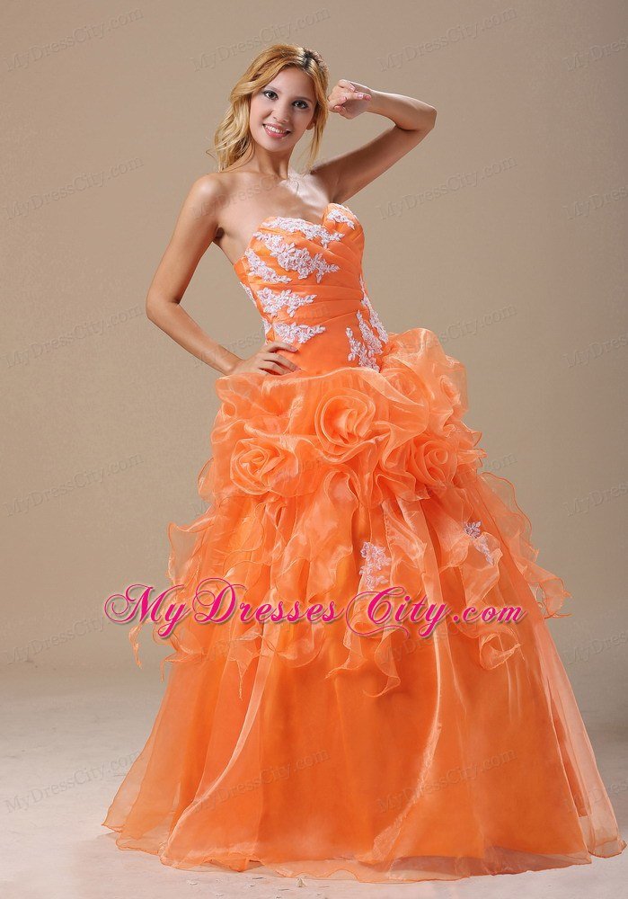 Organza Flowers Appliques Sweetheart Orang Quinceanera Party Dresses