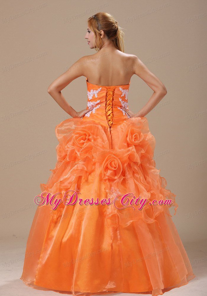 Organza Flowers Appliques Sweetheart Orang Quinceanera Party Dresses