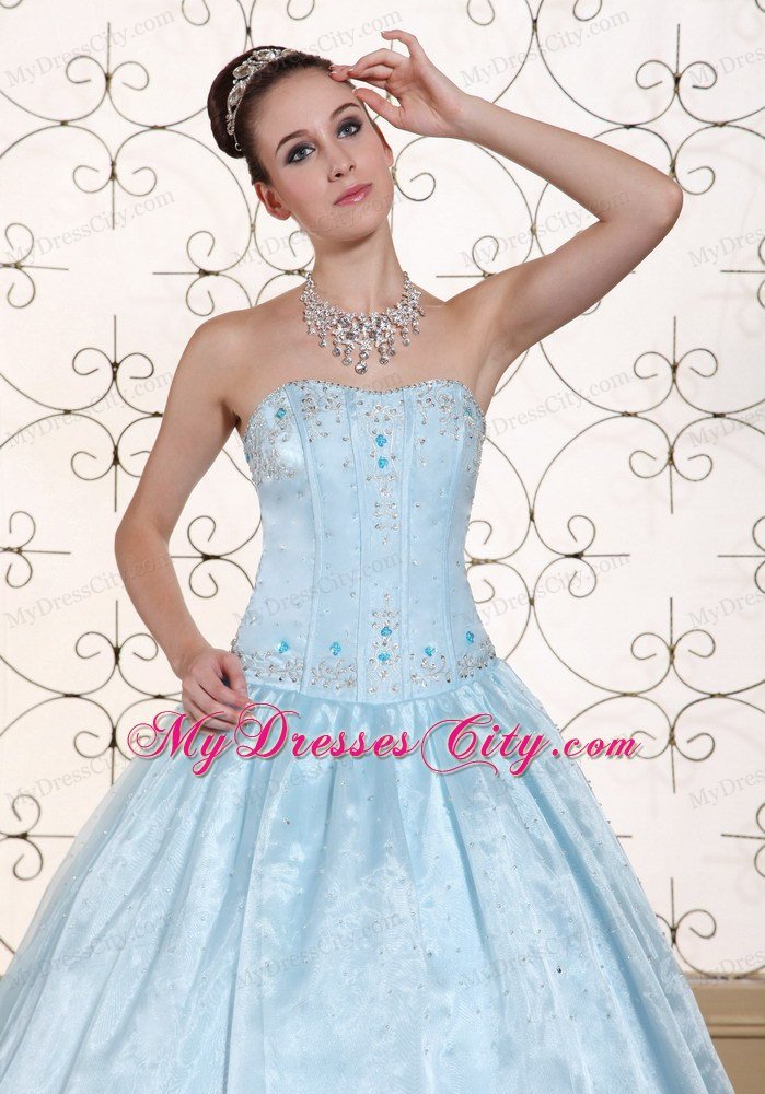 Perfect Organza A-line Strapless Beading Light Blue Dresses For Sweet 16