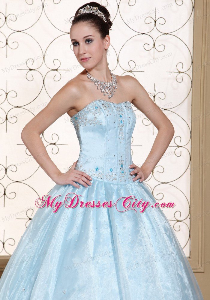 Perfect Organza A-line Strapless Beading Light Blue Dresses For Sweet 16