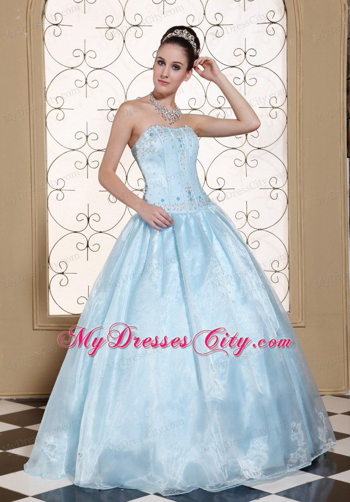 Perfect Organza A-line Strapless Beading Light Blue Dresses For Sweet 16