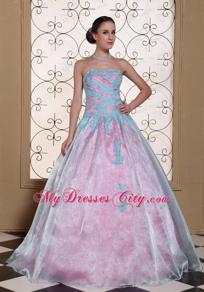 A-line Strapless Appliques On Organza Cheap Quinceanera Party Dress