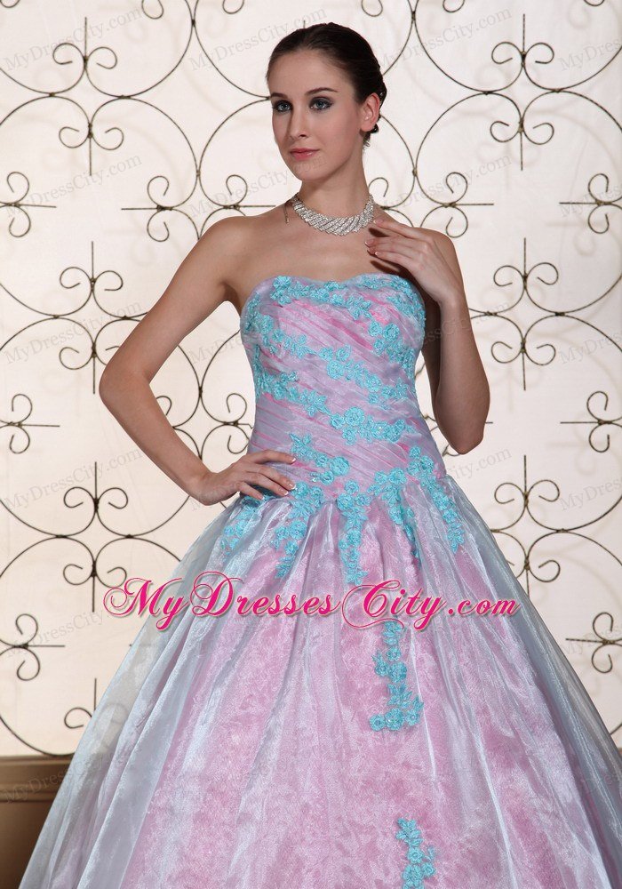 A-line Strapless Appliques On Organza Cheap Quinceanera Party Dress