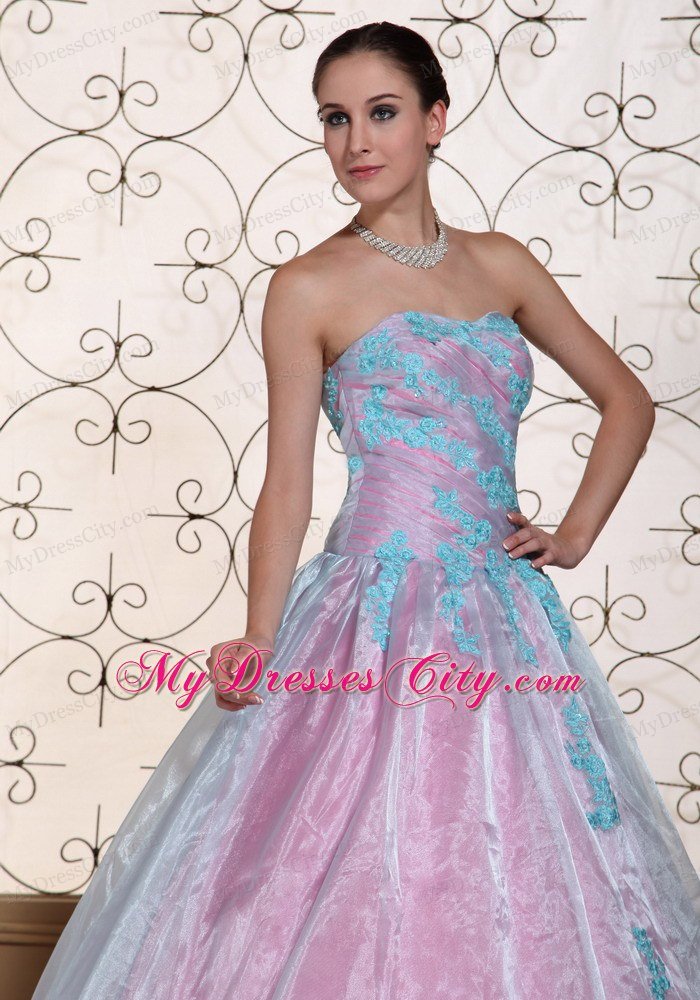 A-line Strapless Appliques On Organza Cheap Quinceanera Party Dress