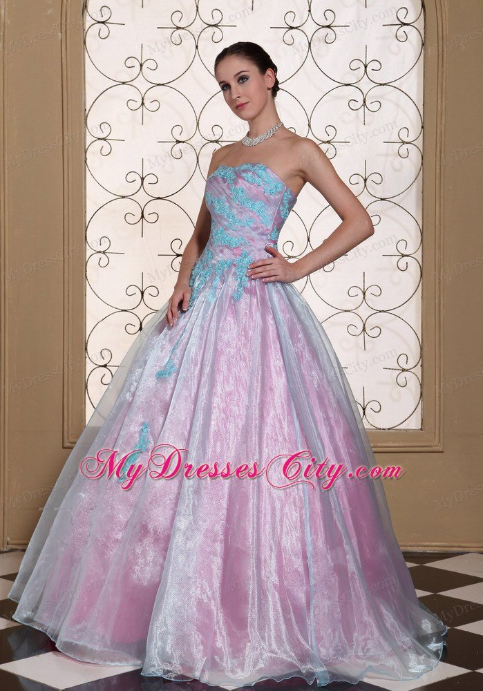 A-line Strapless Appliques On Organza Cheap Quinceanera Party Dress