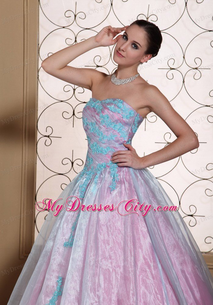 A-line Strapless Appliques On Organza Cheap Quinceanera Party Dress