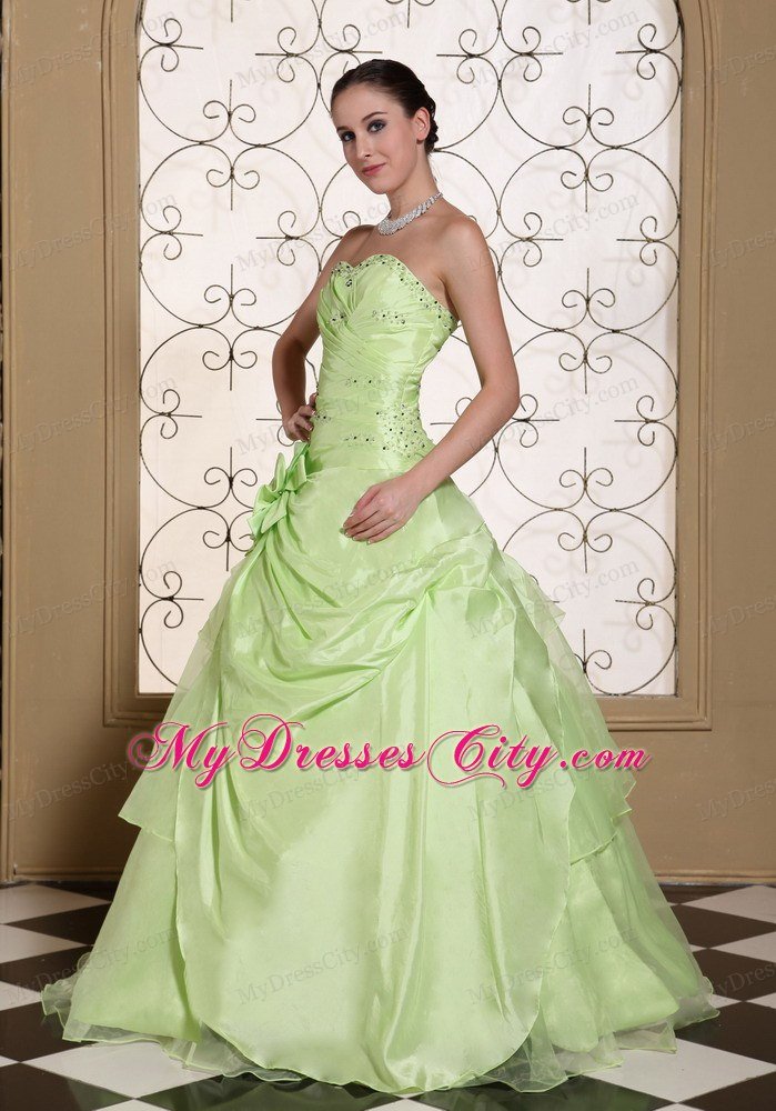 Elegant Sweetheart Flower Beading Yellow Green Dresses For Sweet 15