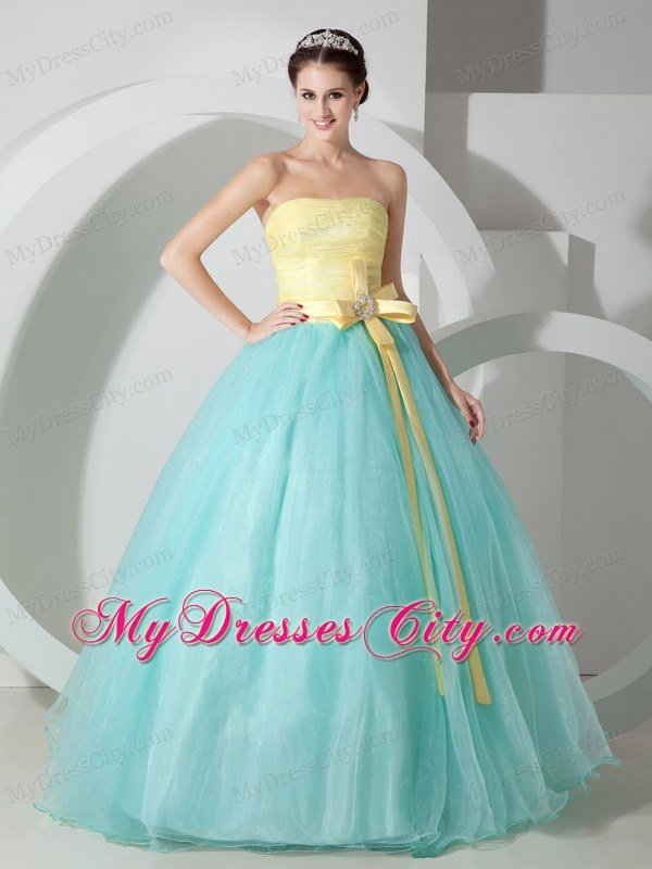 Strapless A-line Organza Yellow and Apple Green Sweet 16 Dress With Sash