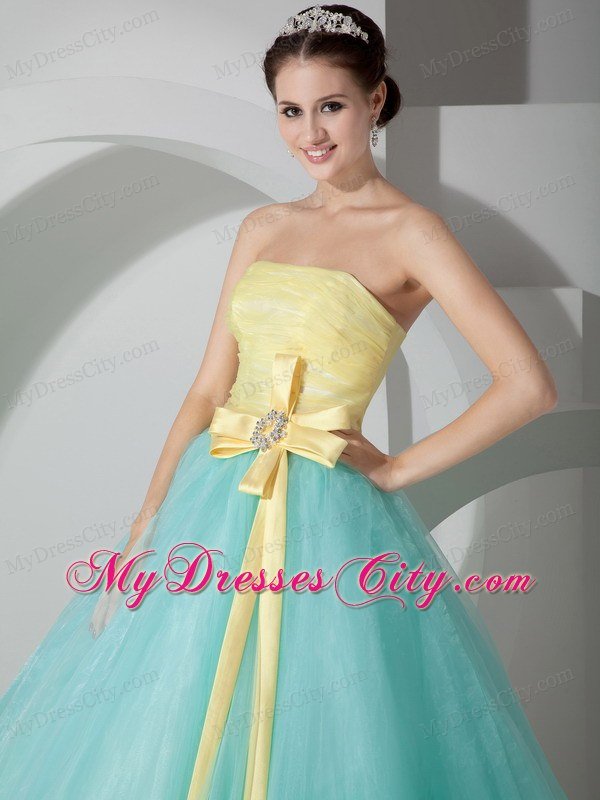 Strapless A-line Organza Yellow and Apple Green Sweet 16 Dress With Sash