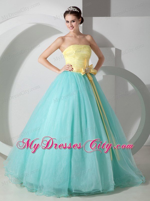 Strapless A-line Organza Yellow and Apple Green Sweet 16 Dress With Sash