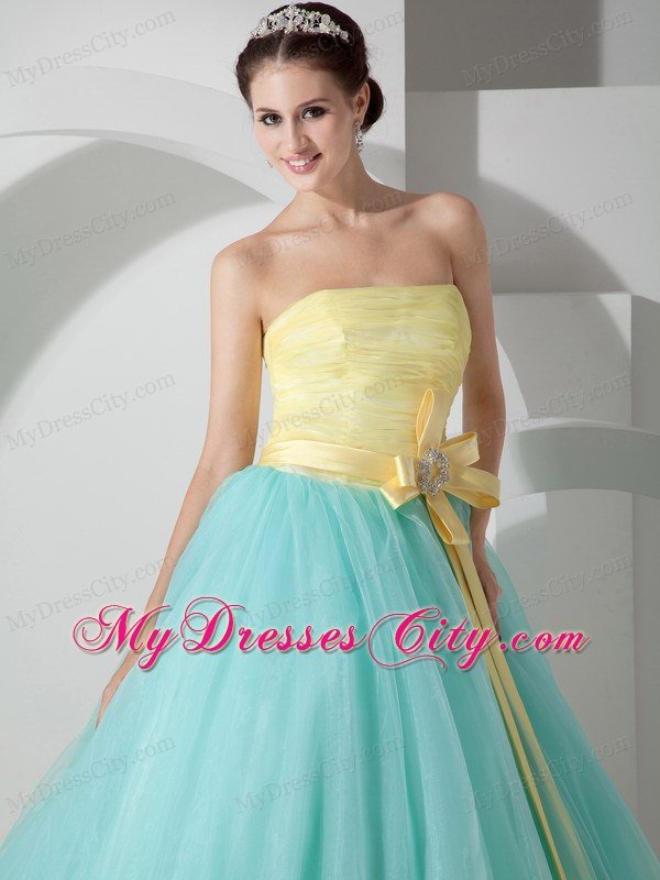 Strapless A-line Organza Yellow and Apple Green Sweet 16 Dress With Sash