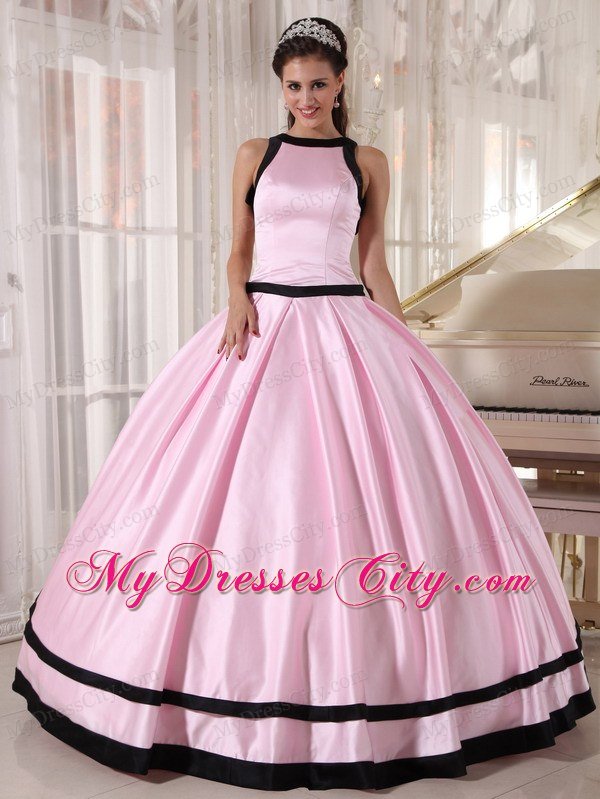 Bateau Zipper Up Back Baby Pink Sweet Sixteen Dresses With Black Hem