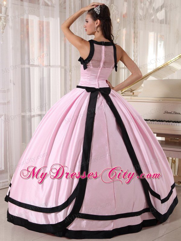 Bateau Zipper Up Back Baby Pink Sweet Sixteen Dresses With Black Hem