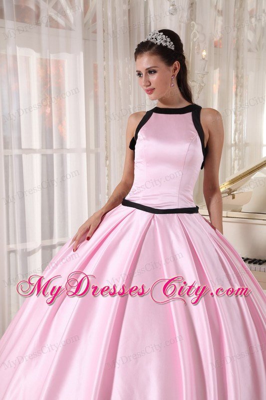 Bateau Zipper Up Back Baby Pink Sweet Sixteen Dresses With Black Hem