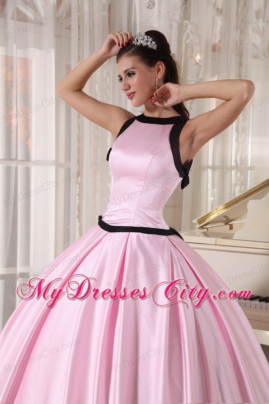 Bateau Zipper Up Back Baby Pink Sweet Sixteen Dresses With Black Hem