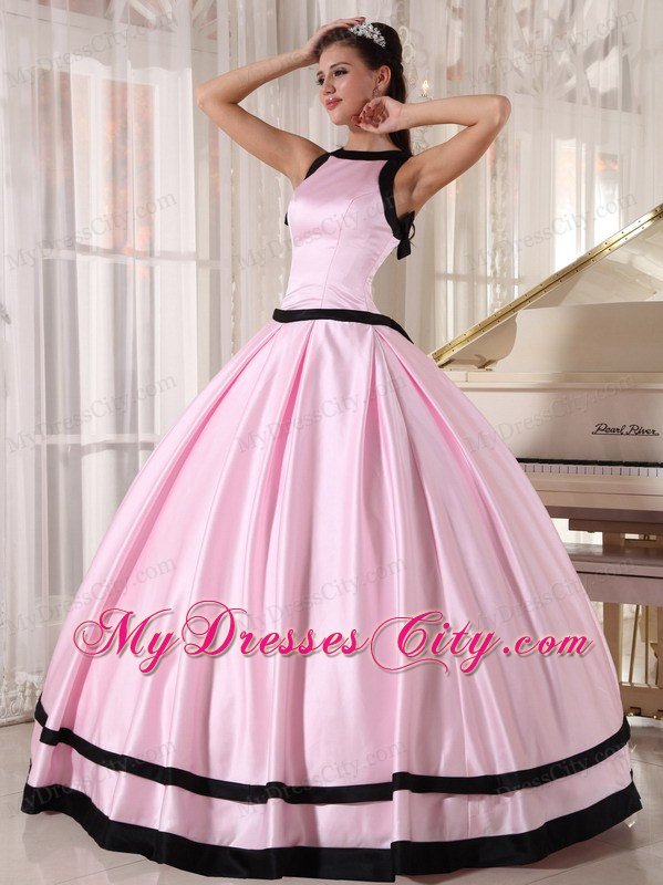 Bateau Zipper Up Back Baby Pink Sweet Sixteen Dresses With Black Hem