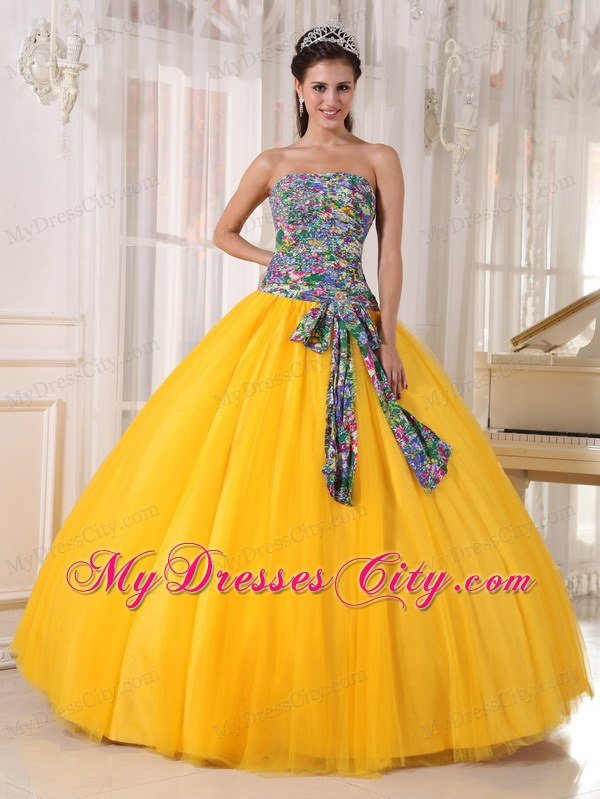 Printing and Tulle Gold Sweet 15 Dresses With Sash For New Arrival