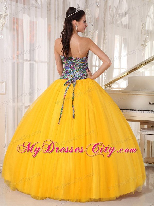 Printing and Tulle Gold Sweet 15 Dresses With Sash For New Arrival