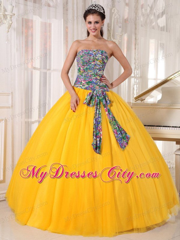 Printing and Tulle Gold Sweet 15 Dresses With Sash For New Arrival