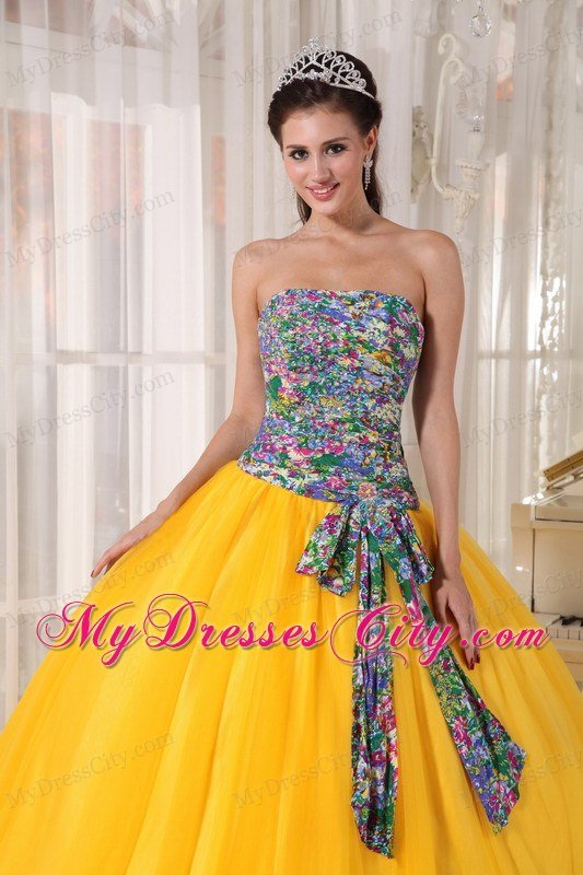 Printing and Tulle Gold Sweet 15 Dresses With Sash For New Arrival