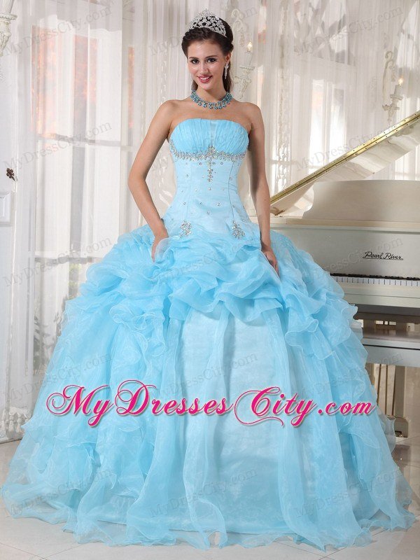 Tailor Made Strapless Beaded Baby Blue Quinceanera Gowns With Pick Ups