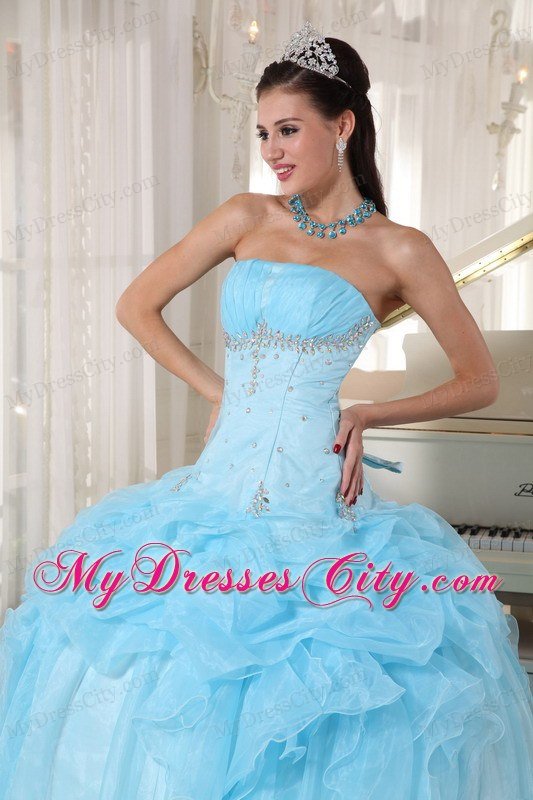 Tailor Made Strapless Beaded Baby Blue Quinceanera Gowns With Pick Ups