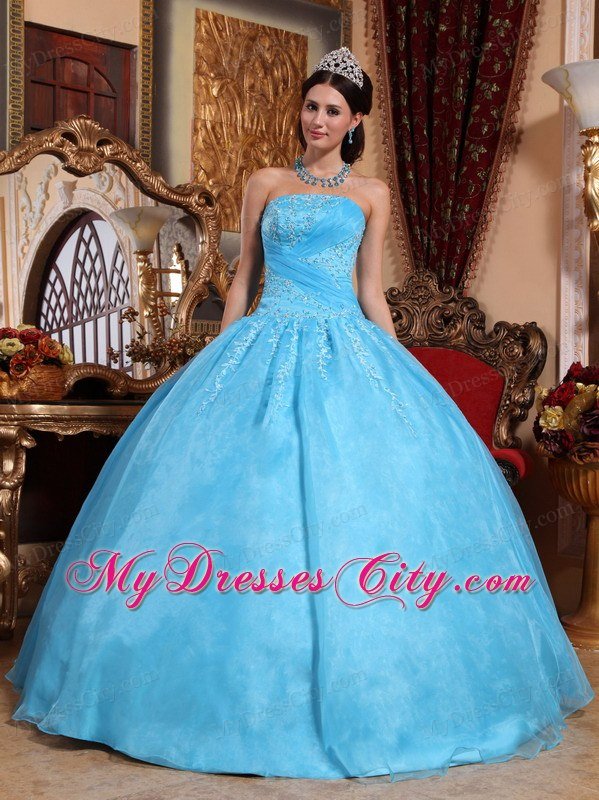 Elegant Strapless Organza Appliques Aqua Blue Quinceanera Gowns