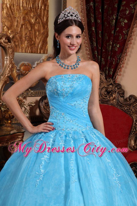 Elegant Strapless Organza Appliques Aqua Blue Quinceanera Gowns