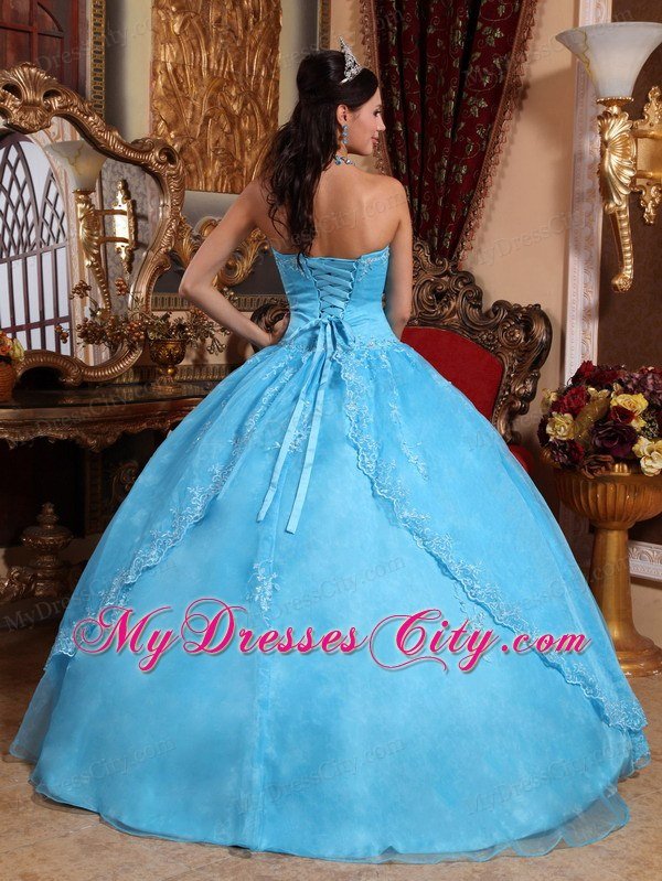 Elegant Strapless Organza Appliques Aqua Blue Quinceanera Gowns