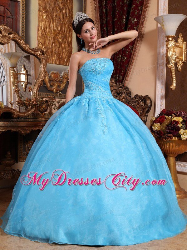 Elegant Strapless Organza Appliques Aqua Blue Quinceanera Gowns