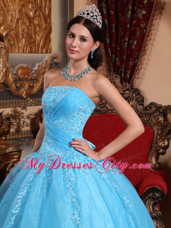 Elegant Strapless Organza Appliques Aqua Blue Quinceanera Gowns