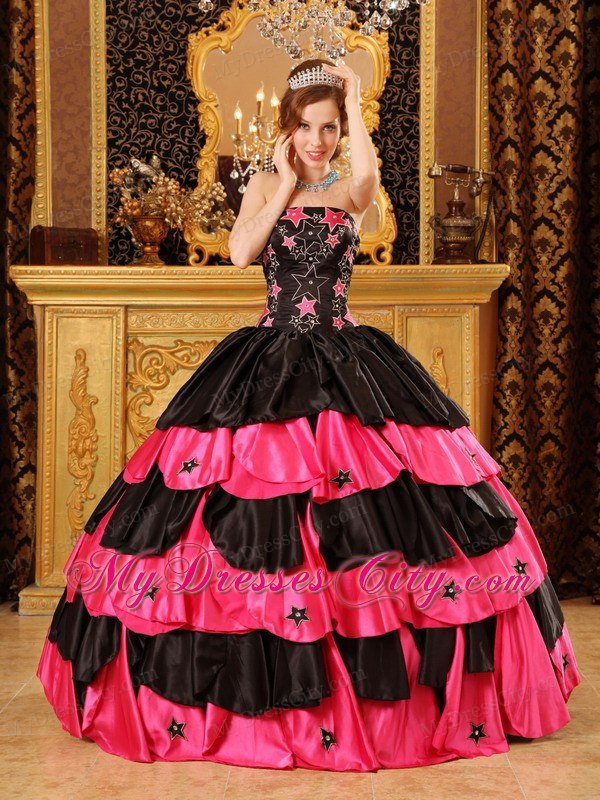 Taffeta Embroidery Strapless Tiered Black and Red Quinceanera Dresses