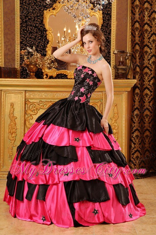 Taffeta Embroidery Strapless Tiered Black and Red Quinceanera Dresses