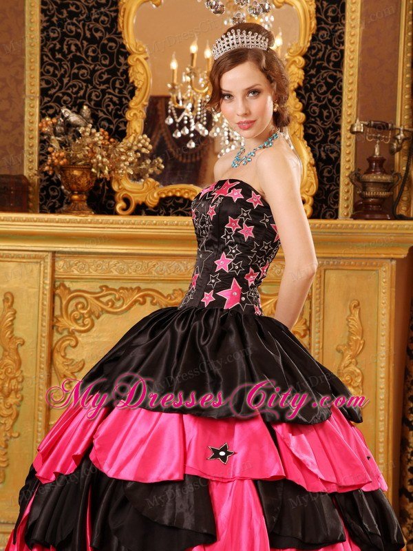 Taffeta Embroidery Strapless Tiered Black and Red Quinceanera Dresses