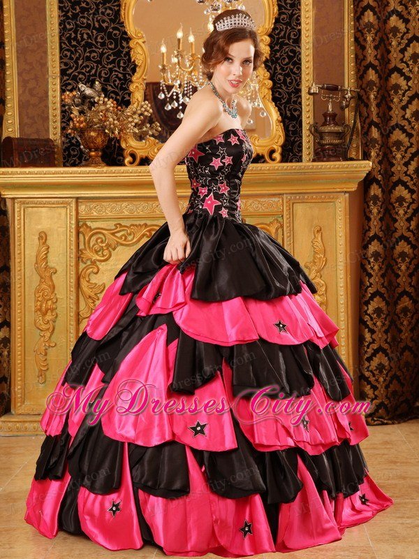 Taffeta Embroidery Strapless Tiered Black and Red Quinceanera Dresses