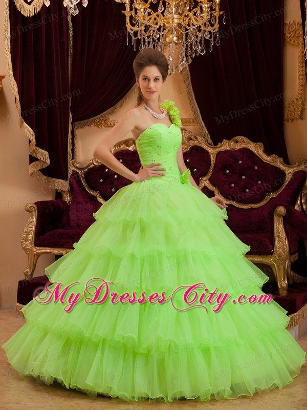 Flower One Shoulder Spring Green Quinceanera Dress with Tiered