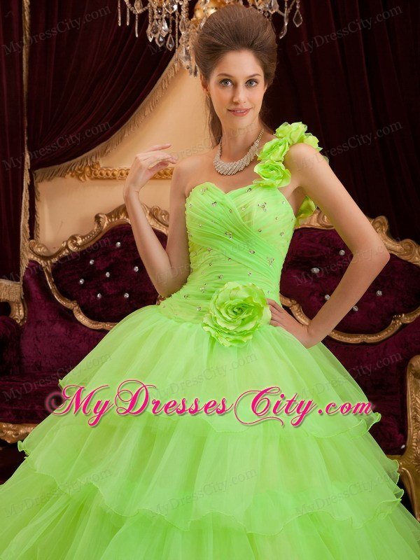 Flower One Shoulder Spring Green Quinceanera Dress with Tiered