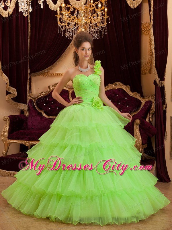 Flower One Shoulder Spring Green Quinceanera Dress with Tiered