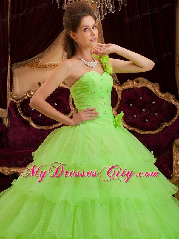 Flower One Shoulder Spring Green Quinceanera Dress with Tiered