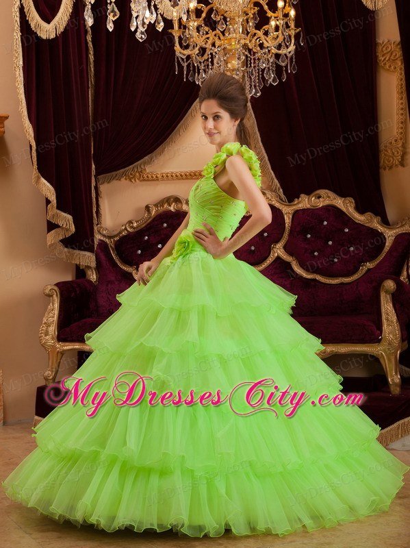 Flower One Shoulder Spring Green Quinceanera Dress with Tiered