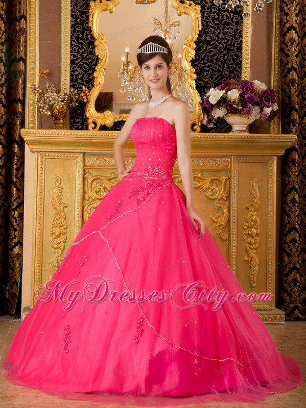 A-line Strapless Appliques Hot Pink Quinceanera Dresses For Cheap