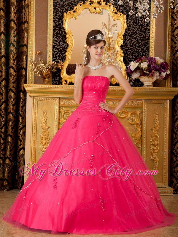 A-line Strapless Appliques Hot Pink Quinceanera Dresses For Cheap