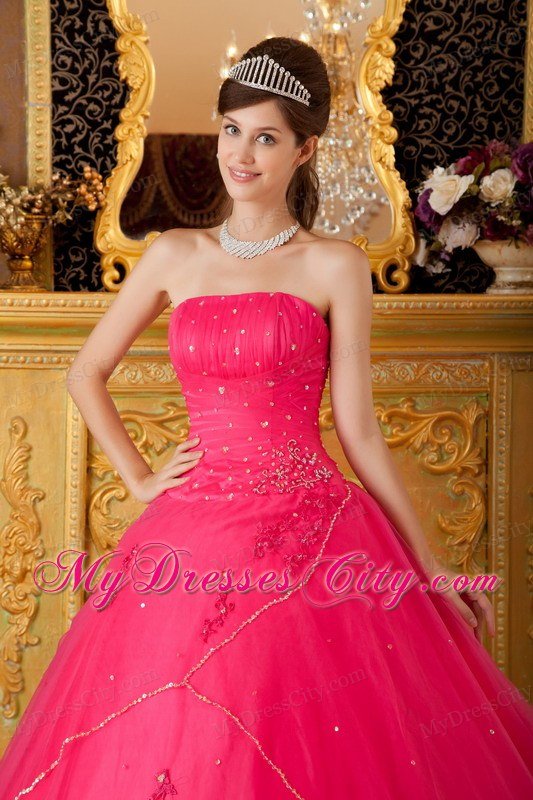 A-line Strapless Appliques Hot Pink Quinceanera Dresses For Cheap