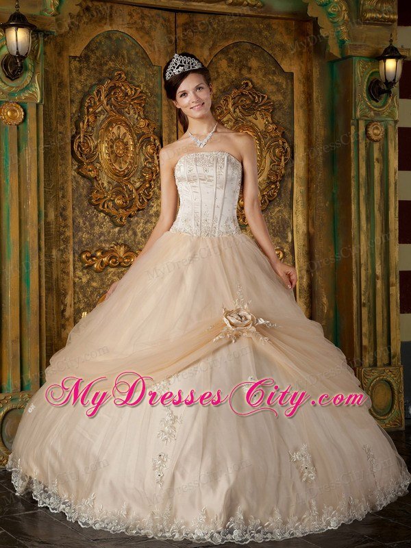 Champagne Strapless Beading Appliques Quinceanera Dress Under 300