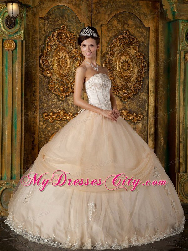 Champagne Strapless Beading Appliques Quinceanera Dress Under 300