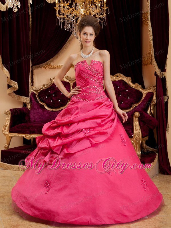 Coral Red Strapless Floor-length Appliques Quinceanera Dress