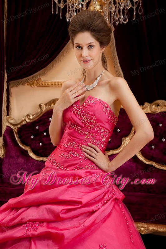 Coral Red Strapless Floor-length Appliques Quinceanera Dress