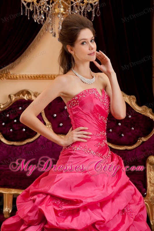 Coral Red Strapless Floor-length Appliques Quinceanera Dress